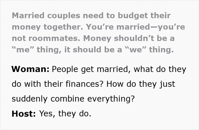 Text discussing finance expert's opinion on married couples combining incomes.