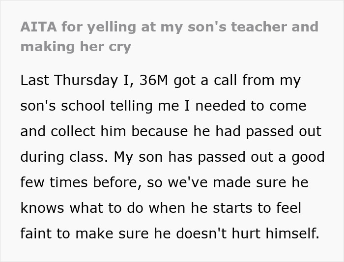 Teacher Reduced To Tears After Dad Berates Her For Ignoring His Son's Warnings That He's Unwell