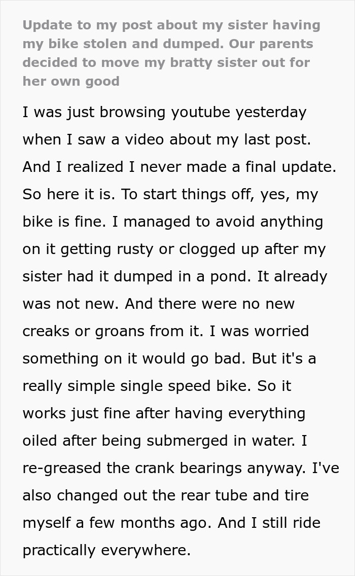 Text update about someone's sister dumping a bike, parents move her out.