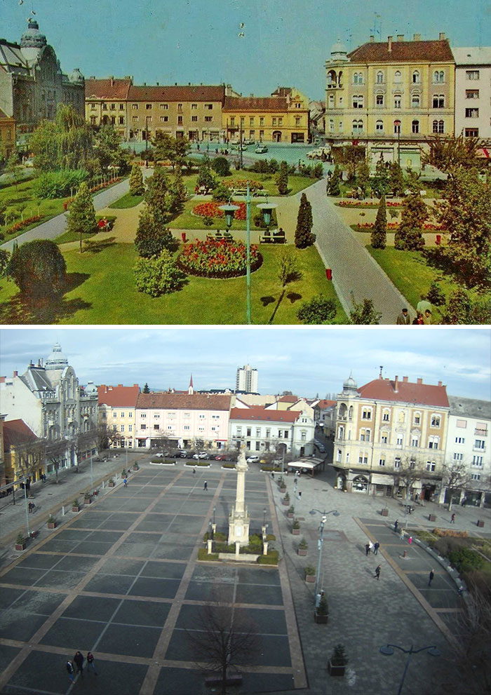 Urban Hell: A vibrant garden square transformed into a barren plaza over time.