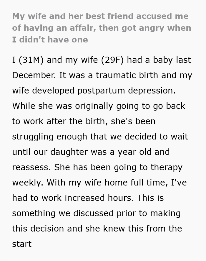 Text narrative about infidelity accusations and postpartum depression struggle.