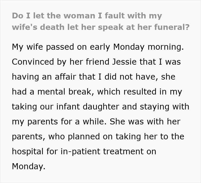 Text discussing infidelity accusations, mental breakdown, and tragedy resulting in a woman’s passing on Monday.