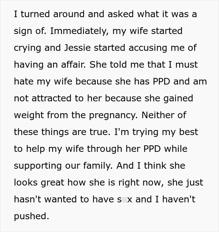 Text discussing infidelity accusations and postpartum depression impact on a couple's relationship.