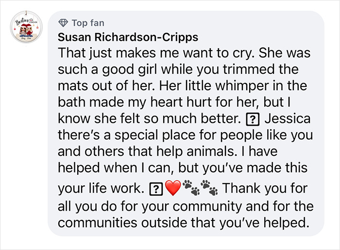 Fan comment praising a pet groomer for helping neglected animals and making a difference in the community.