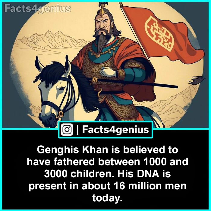 Illustration of Genghis Khan on horseback with a red flag, featuring interesting facts about his descendants.