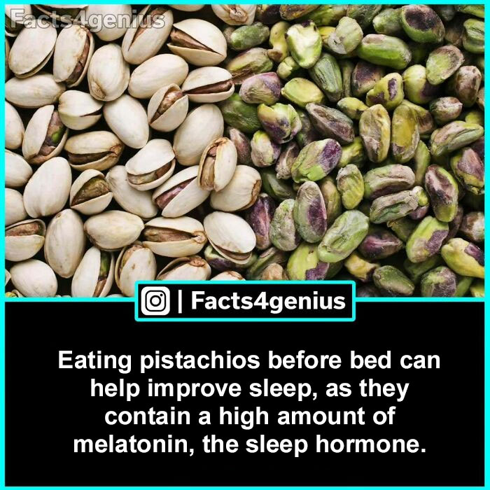 Pistachios with text about their melatonin content and sleep benefits, highlighting interesting facts for genius.