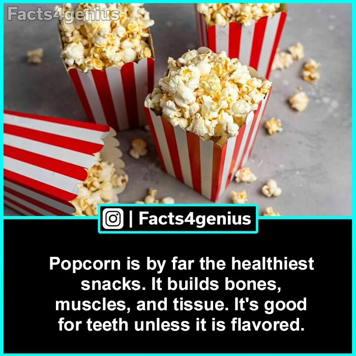 Popcorn in red and white striped boxes with interesting facts about its health benefits displayed beneath.