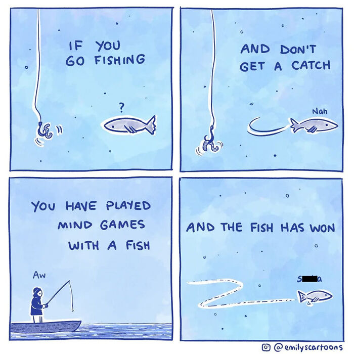 Comic strip by Emily McGovern shows a humorous fishing scene with a fish outsmarting the angler.