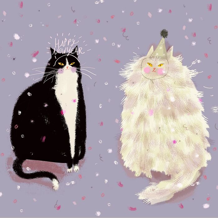 Illustration of two cozy cats celebrating New Year with confetti, perfect art for cat lovers.