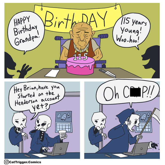 A hilariously twisted comic by Cat Trigger featuring an unexpected ending with skeleton characters and a birthday party.