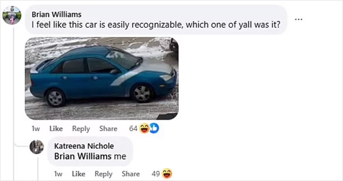 Facebook comments discussing a recognizable blue car related to a road rage incident.