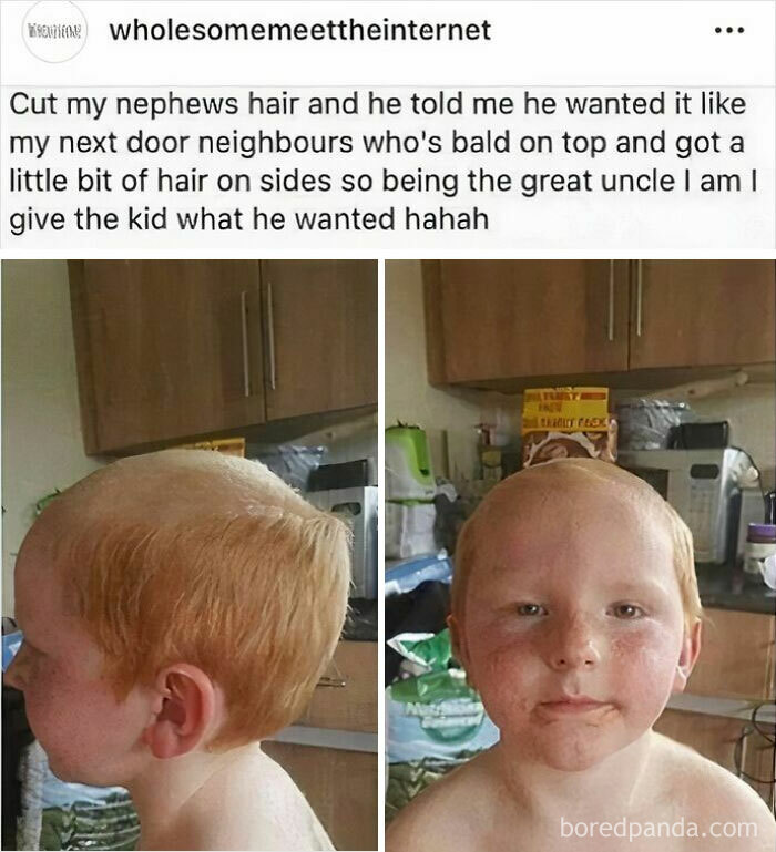 Child with a humorous haircut resembling a balding pattern, captured in a kitchen setting. Tragic hair accident.