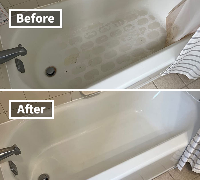 Before and after comparison of a bathtub's transformation using top-rated bathroom products.