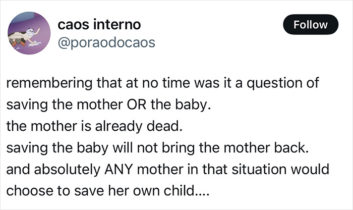 Tweet discussing a pregnant woman kept on life support to save baby, highlighting emotional perspectives on the situation.