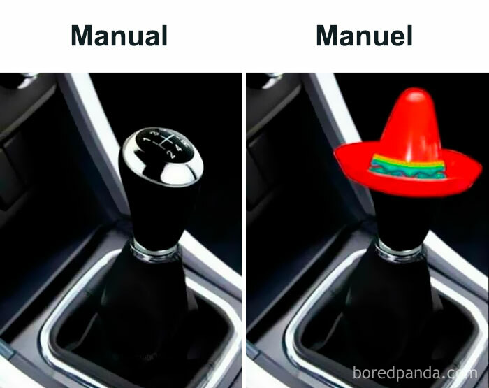 Linguistic meme comparing a gear shift labeled "Manual" to one with a hat labeled "Manuel."