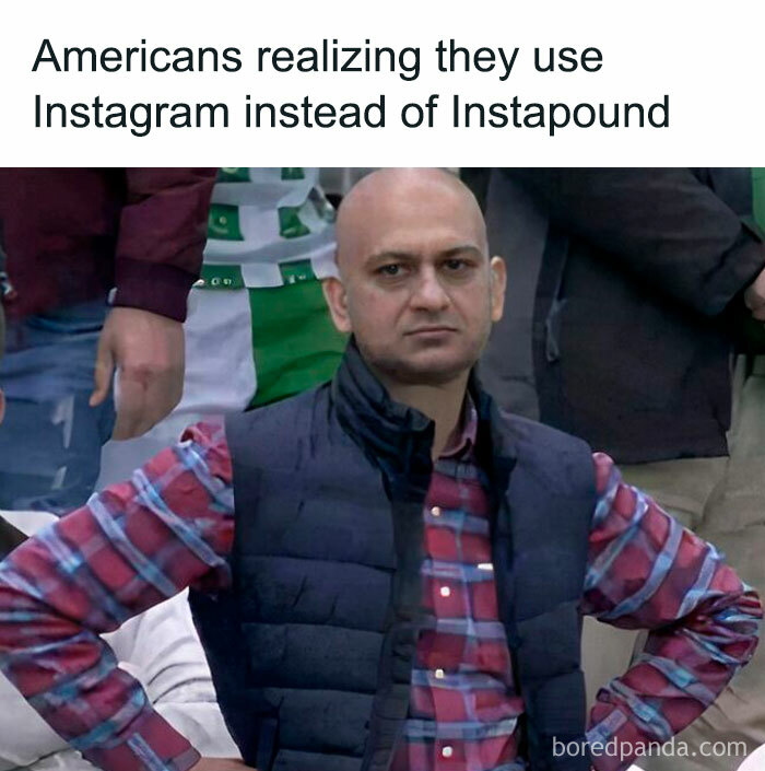 Man in a plaid shirt with arms akimbo, capturing a humorous linguistic meme moment about Instagram confusion.