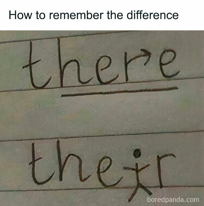 Hilarious linguistic meme showing a funny way to remember the difference between "there" and "their."