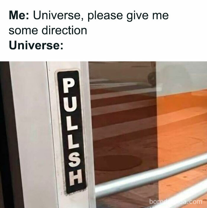 Linguistic meme with a door labeled "PULLSH," humorously illustrating a directional confusion.