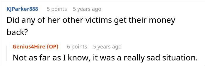 Reddit comments discussing apartment scam victims and their outcomes.