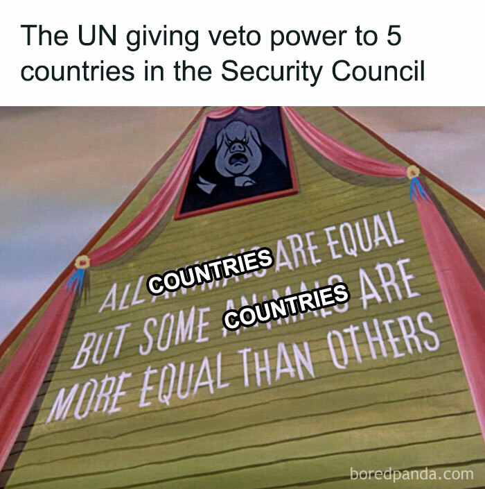 Meme humorously comparing UN veto power to "Animal Farm" quote about equality.