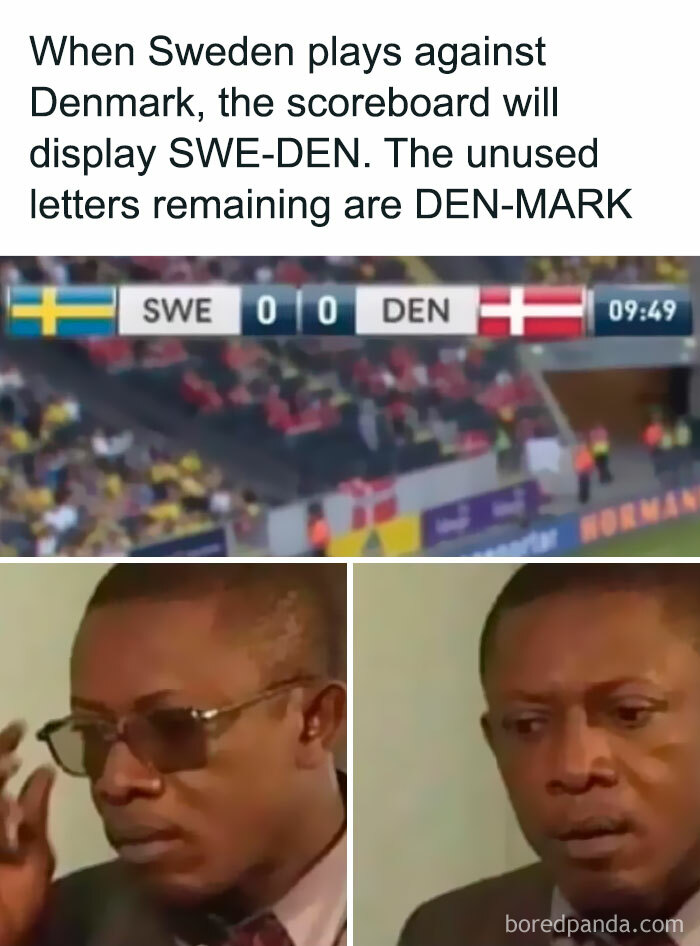 Man in glasses surprised by linguistic meme about Sweden vs Denmark scoreboard letters.