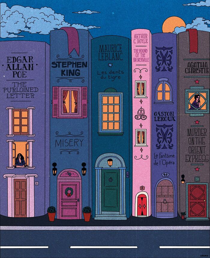 Vibrant illustration of buildings resembling book spines by various authors, combining humor and sarcasm.