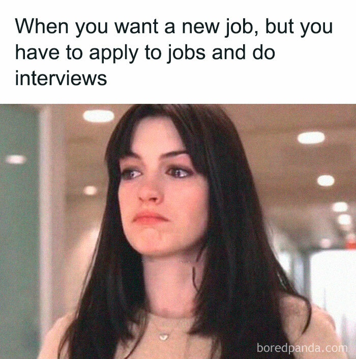 Office meme with woman frowning, highlighting frustration about job applications and interviews.