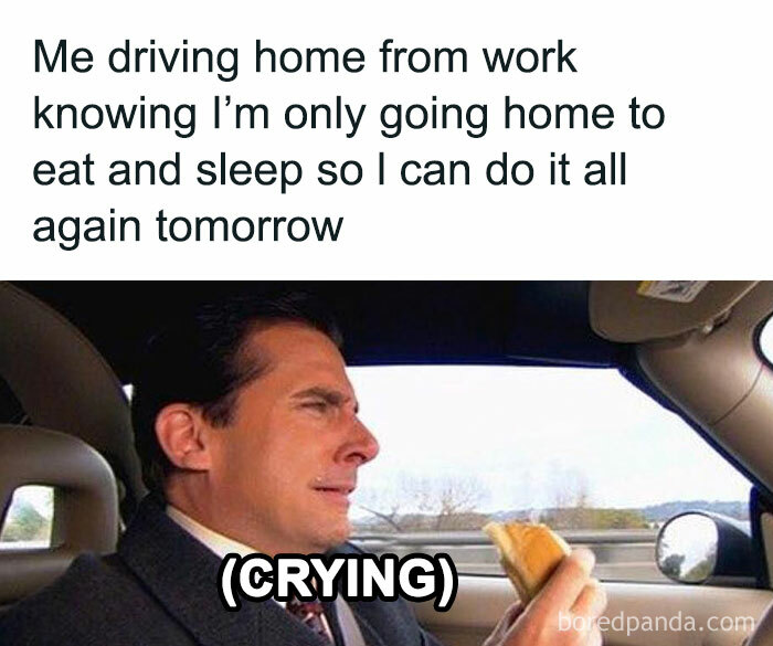 Office meme of a person crying in a car, eating a sandwich, humorously depicting the daily work routine.