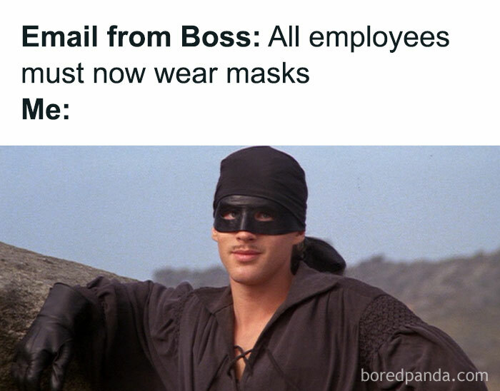 Office humor meme with a masked character reacting to a boss's email about wearing masks.