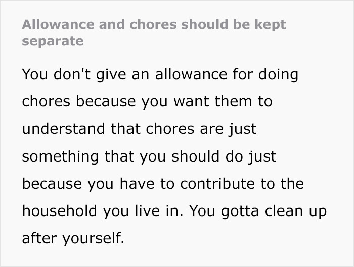 Text image explaining why parents shouldn't pay children for chores, emphasizing contribution to the household.