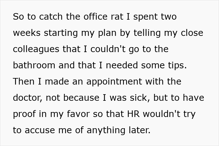 Text detailing a plan to catch an "office rat" with a laxative scheme, involving a doctor's appointment.