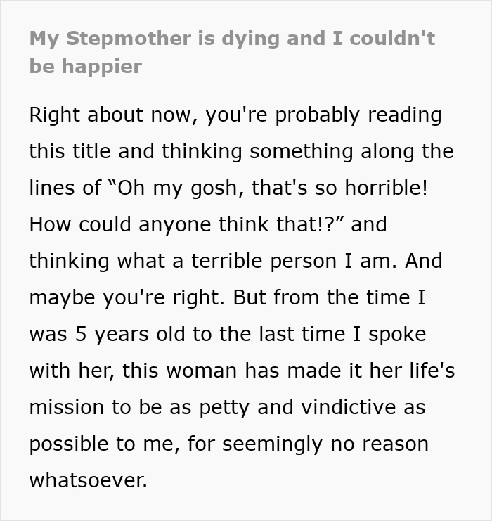 Text discussing a woman's choice not to visit her stepmother, emphasizing past emotional distress and vindictive behavior.