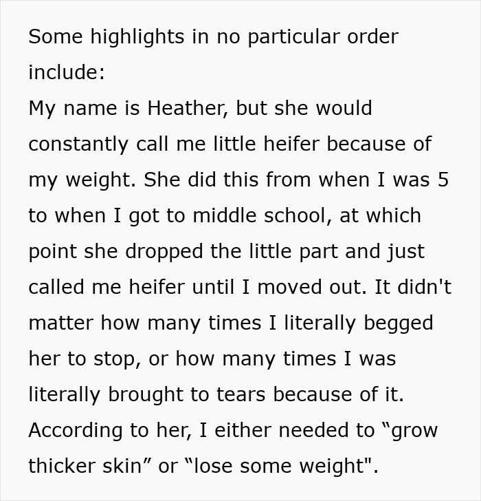 Text image describing a woman's experience with stepmother's insults about her weight, including "lose some weight".