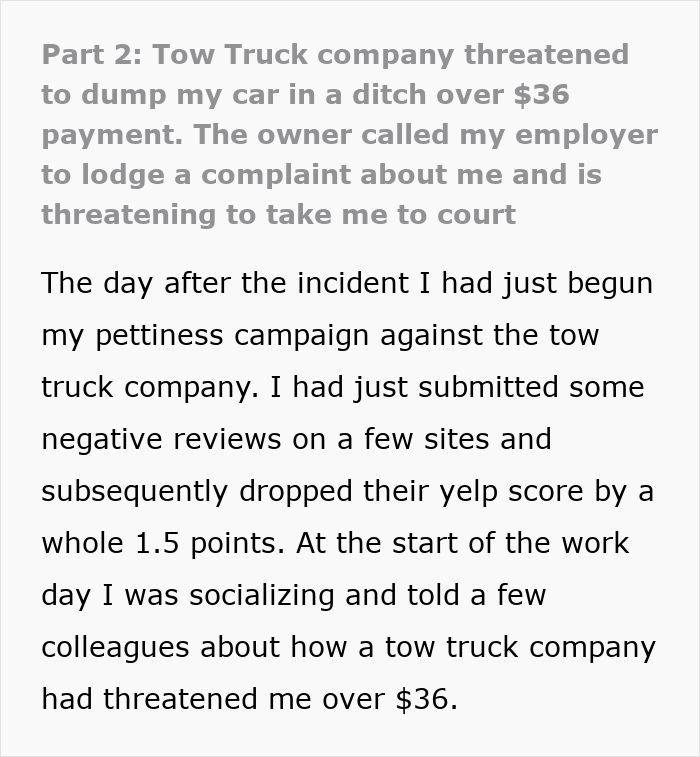 Text about a tow truck company threatening to dump a car over a $36 payment dispute.