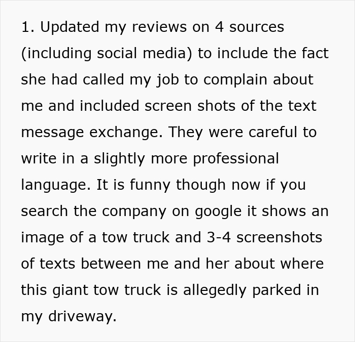 Text detailing a towing company's conflict and reviews update over a $36 charge.