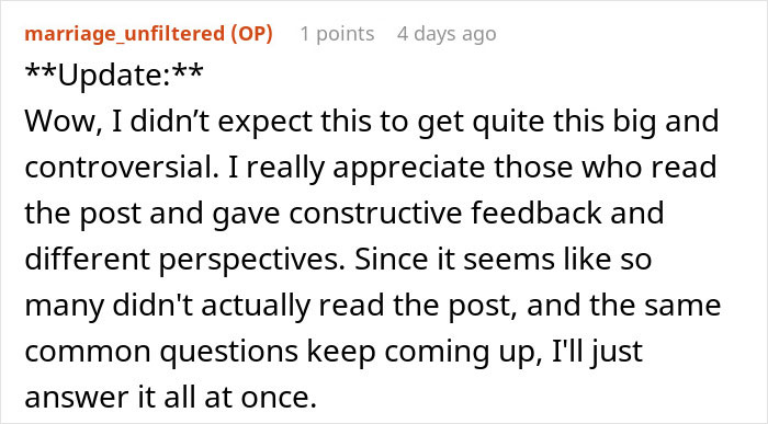 Reddit user "marriage_unfiltered" updates a post, thanking readers for feedback and addressing repeated questions about an Amazon driver note.