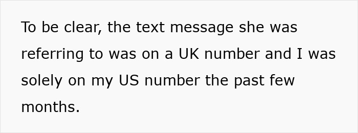 Text message about UK number misunderstanding between friend and relationship partner.