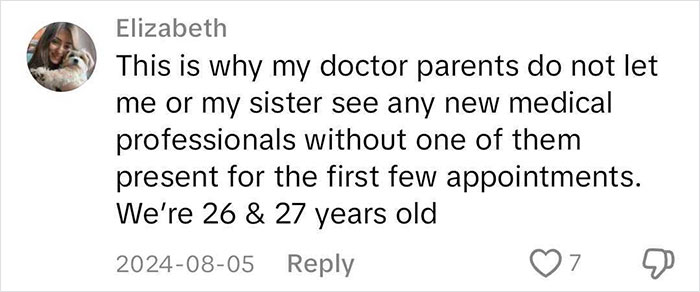 Comment discussing experiences with medical professionals, highlighting a parent's involvement for their adult children.