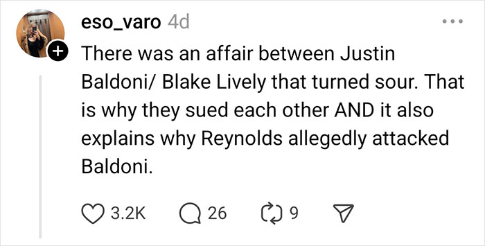 Social media post sharing a celebrity rumor involving Justin Baldoni, Blake Lively, and Reynolds.