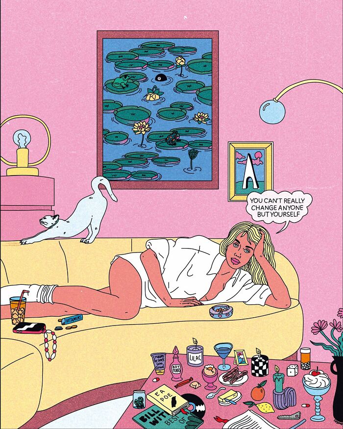 Vibrant illustration with humor and sarcasm; a woman on a couch, surrounded by eclectic items, with a cat stretching.