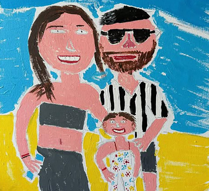 Colorful painting of a smiling couple with a child on the beach, the husband's art went viral.