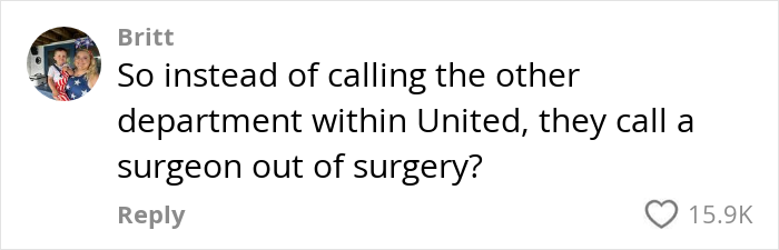 Comment questioning insurance call to surgeon during surgery, highlighting communication issue.