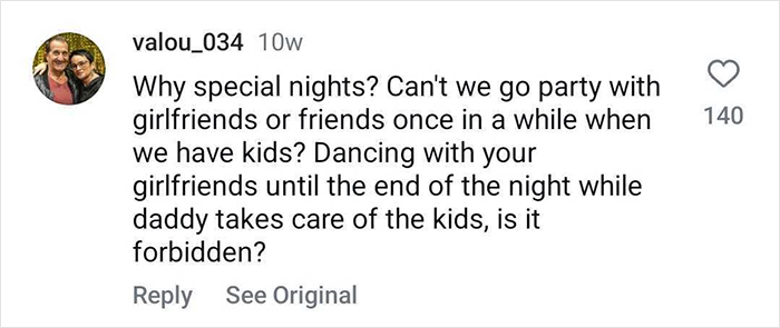 Comment discussing nightlife for moms with kids in a social media post.