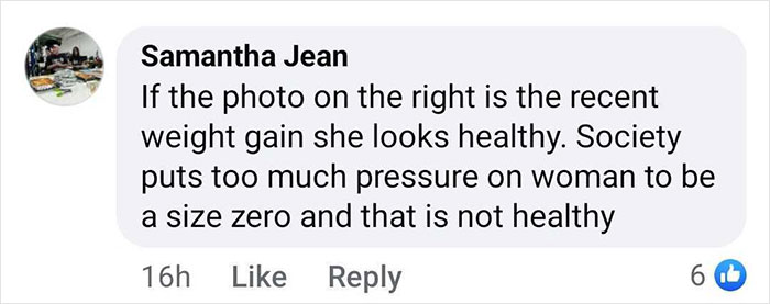 Facebook comment supporting Kendra Wilkinson's weight gain, highlighting societal pressure on women's body image.