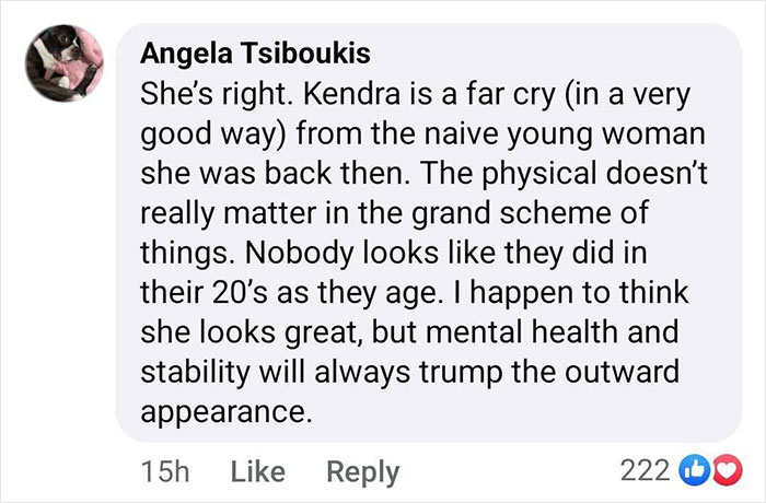 Comment supporting Kendra Wilkinson against trolls criticizing her weight gain, emphasizing mental health over appearance.