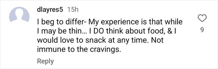 Comment discussing cravings and food thoughts despite being thin, related to Oprah's insights on Ozempic.