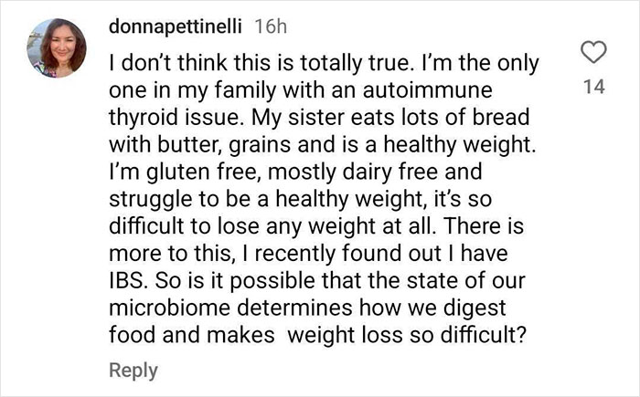 A comment questioning weight loss difficulties, discussing diet and health conditions related to thin people and Ozempic.