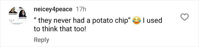 Instagram comment humorously discussing thin people and potato chips.