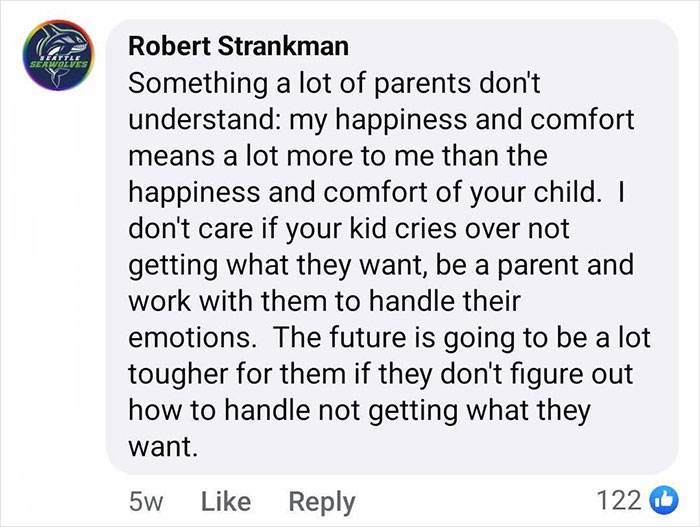 Social media comment on refusing seat swap with a crying kid, discussing personal comfort over children's emotions.