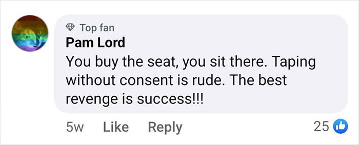 Facebook comment discussing seat refusal, taping consent, and success in context of passenger suing airline.